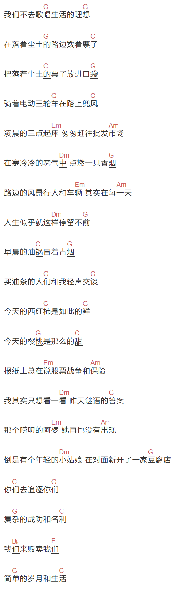 熊熊作业《和小贩一起在街头徜徉》吉他谱C调和弦谱(txt)1