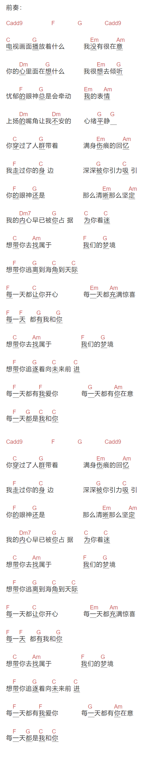 六六《和你一起》吉他谱C调和弦谱(txt)1