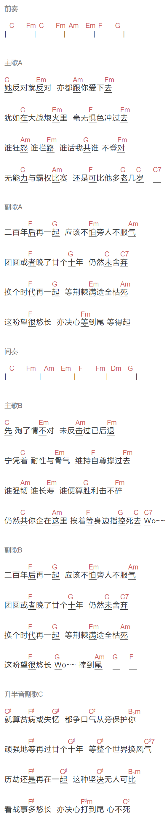 侧田《命硬》吉他谱C调和弦谱(txt)1