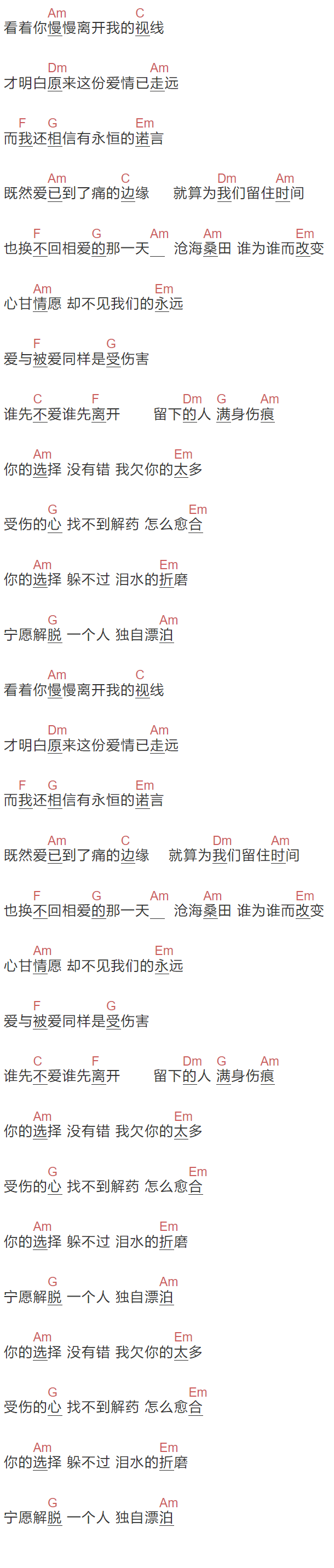 易欣《你的选择》吉他谱C调和弦谱(txt)1