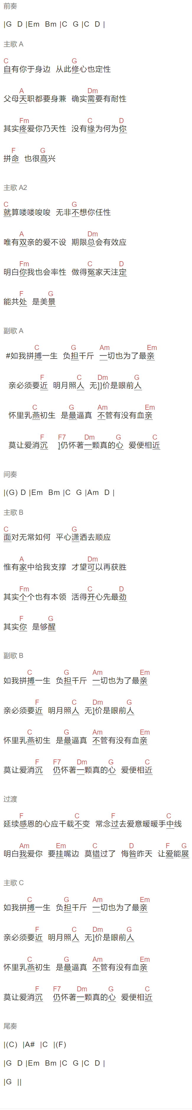 陈奕迅《亲近》吉他谱C调和弦谱(txt)1