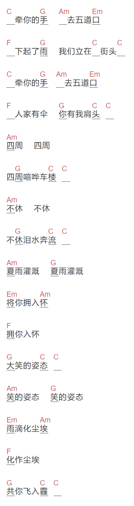 金大涛《五道口》吉他谱C调和弦谱(txt)1