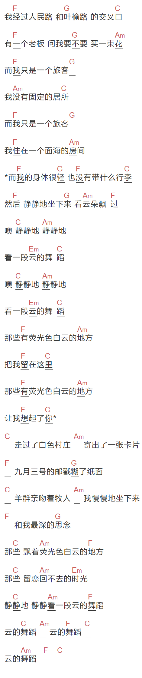 曹方《云的舞蹈》吉他谱C调和弦谱(txt)1