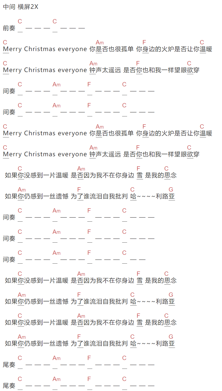 逃跑计划《Merry Christmas》吉他谱C调和弦谱(txt)1