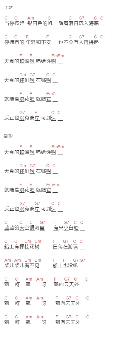 秦昊,王圣迪《白船》吉他谱C调和弦谱(txt)1