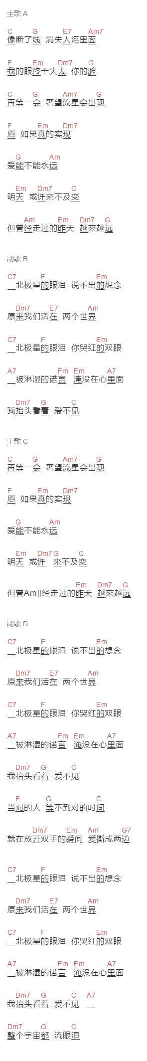 张栋梁《北极星的眼泪》吉他谱C调和弦谱(txt)1