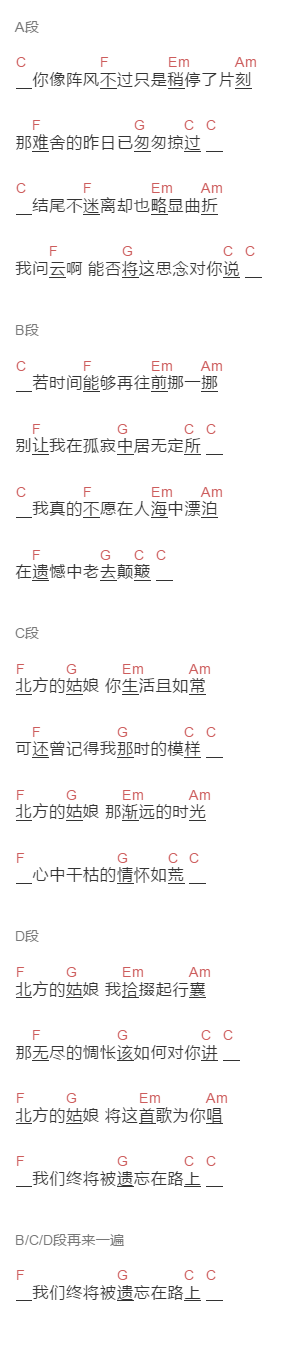 张小九《北方的姑娘》吉他谱C调和弦谱(txt)1