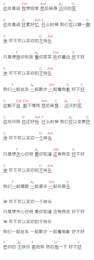 魏如萱《买你》吉他谱C调和弦谱(txt)1