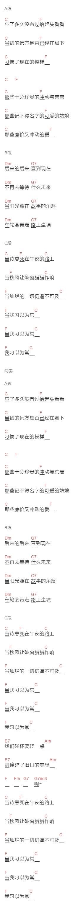 coldstone《习以为常》吉他谱C调和弦谱(txt)1