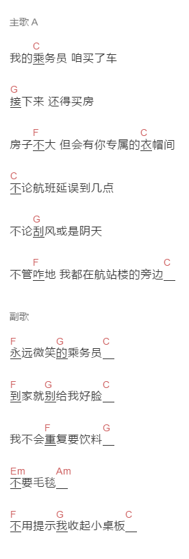 谣牙子《乘务员》吉他谱C调和弦谱(txt)1