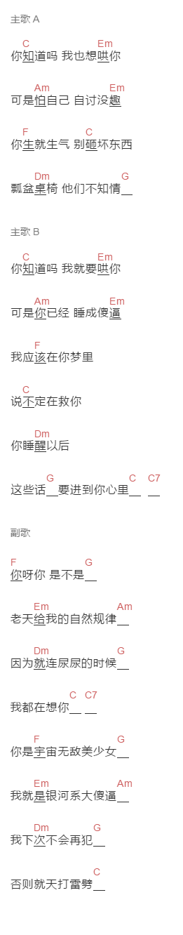 余柏言《乖啊》吉他谱C调和弦谱(txt)1