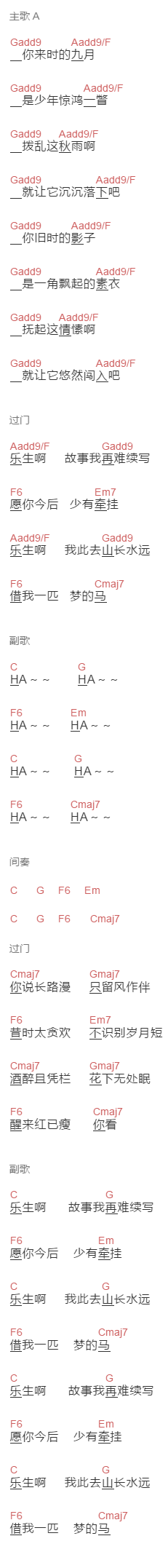 愚青《乐生》吉他谱C调和弦谱(txt)1