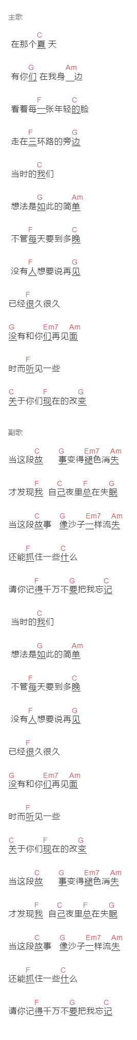 隔壁团《不要把我忘记》吉他谱C调和弦谱(txt)1