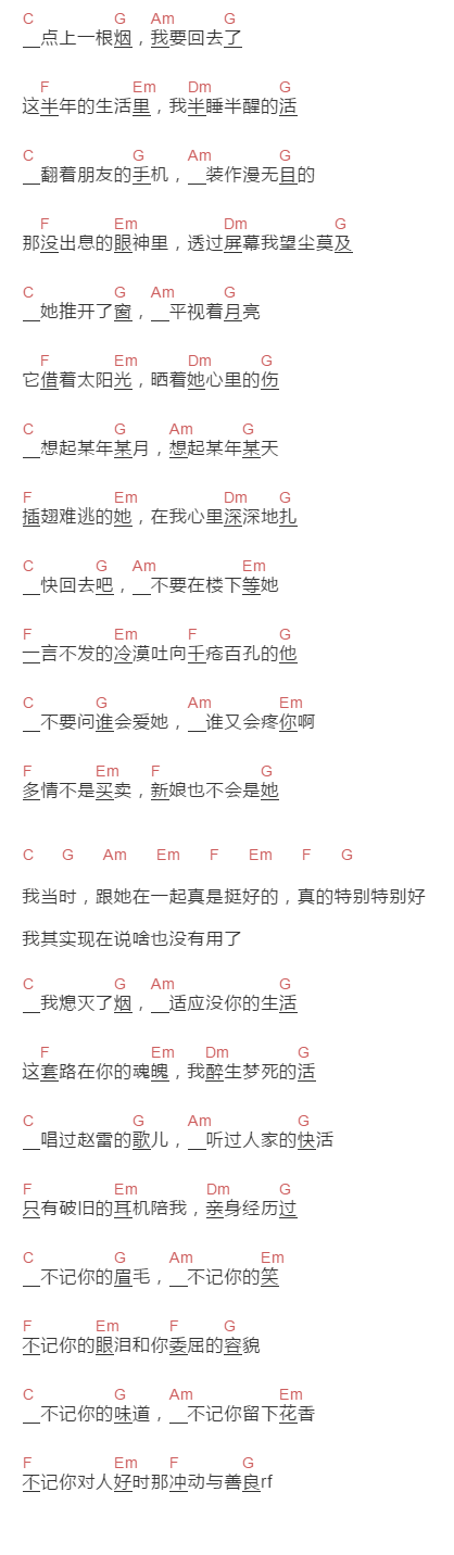 刘思汗《不记》吉他谱C调和弦谱(txt)1