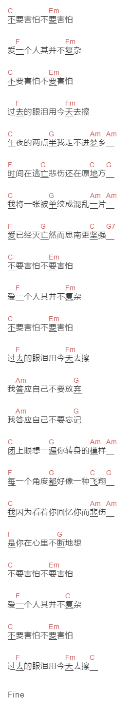 王力宏《不要害怕》吉他谱C调和弦谱(txt)1