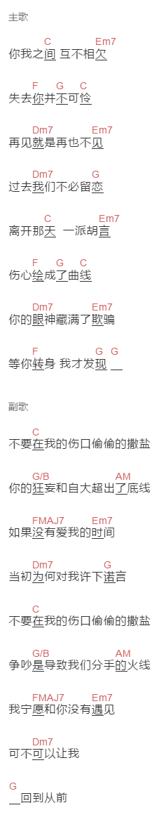 庄心妍《不要在我的伤口撒盐》吉他谱C调和弦谱(txt)1
