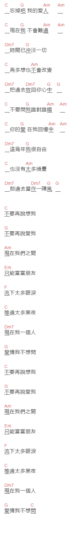 张震岳《不要再说爱我》吉他谱C调和弦谱(txt)1