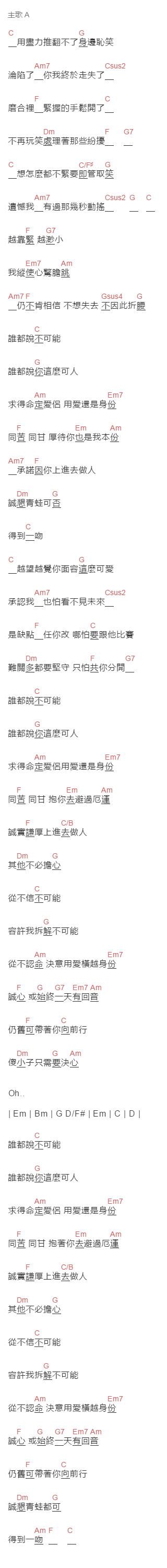 周柏豪《不可能》吉他谱C调和弦谱(txt)1