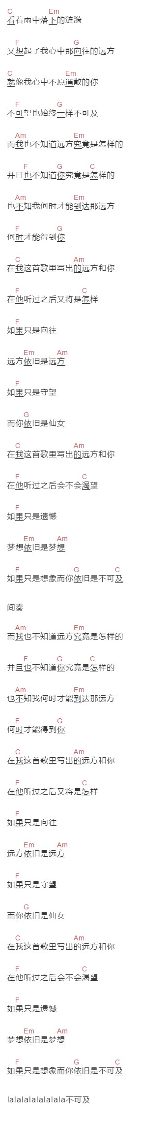 戴笠春《不可及》吉他谱C调和弦谱(txt)1