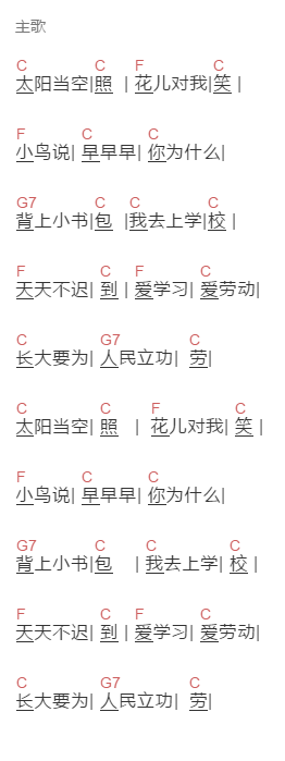佚名《上学歌》吉他谱C调和弦谱(txt)1