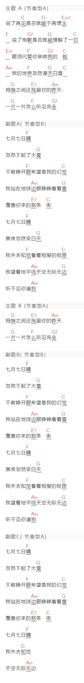 许慧欣《七月七日晴》吉他谱C调和弦谱(txt)1