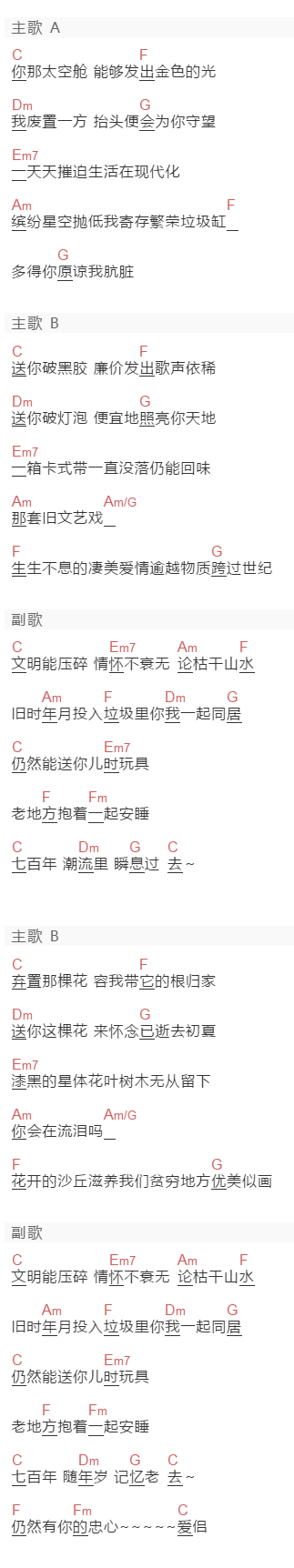 陈奕迅《七百年后》吉他谱C调和弦谱(txt)1