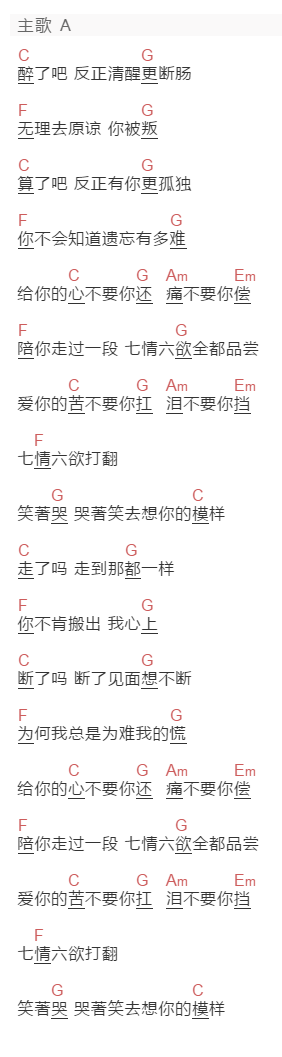 李翊君《七情六欲》吉他谱C调和弦谱(txt)1