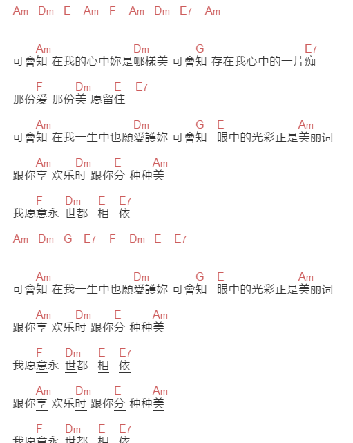 《一片痴》吉他谱C调和弦谱(txt)1