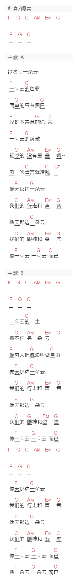 太阳部落《一朵云》吉他谱C调和弦谱(txt)1