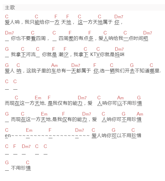张本煜《一方天地》吉他谱C调和弦谱(txt)1