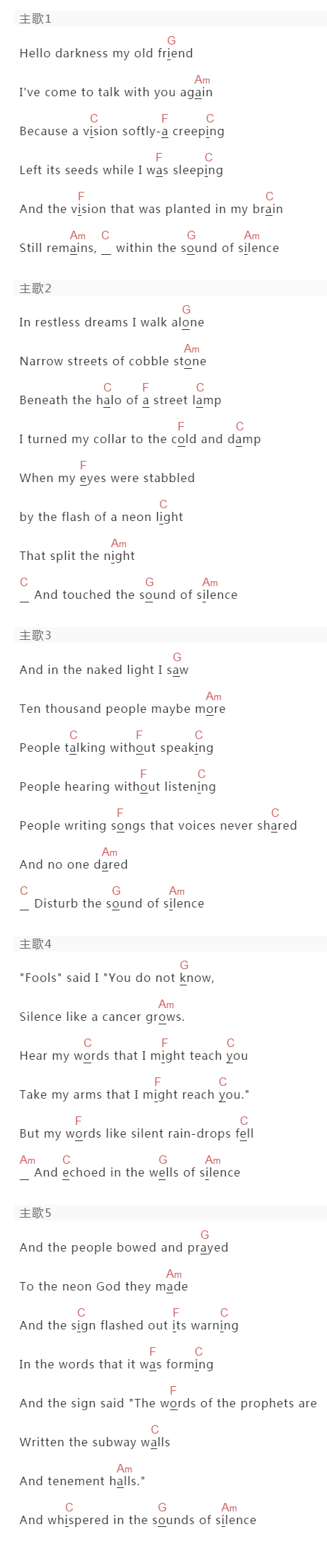 Simon , Garfunkel《The Sound of Silence》吉他谱C调和弦谱(txt)1