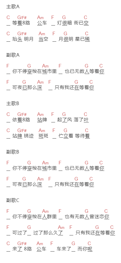 饶海林《8路公车》吉他谱C调和弦谱(txt)1