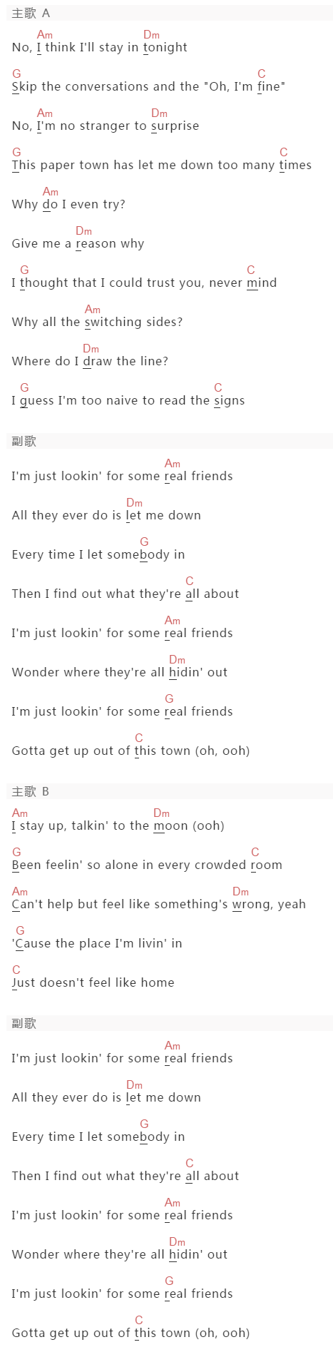 Camila Cabelio《Real Friends》吉他谱C调和弦谱(txt)1