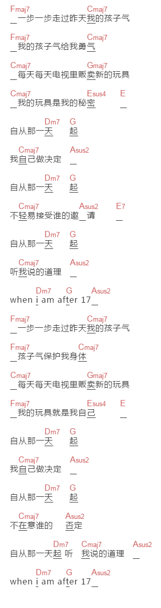 陈绮贞《After 17》吉他谱C调和弦谱(txt)1