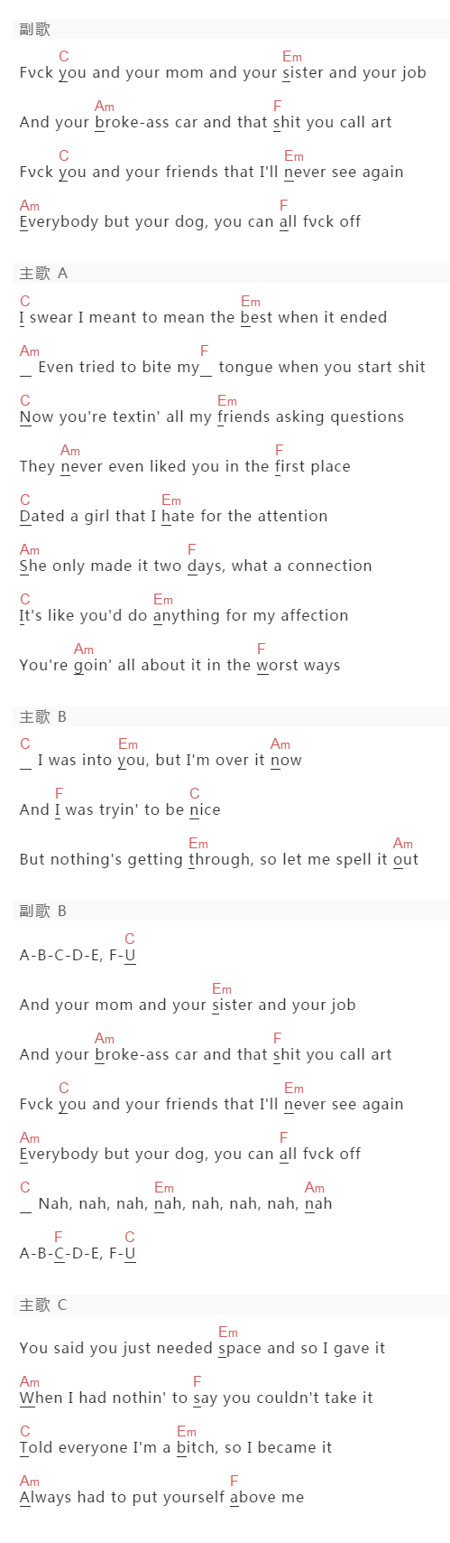 GAYLE《abcdefu》吉他谱C调和弦谱(txt)1