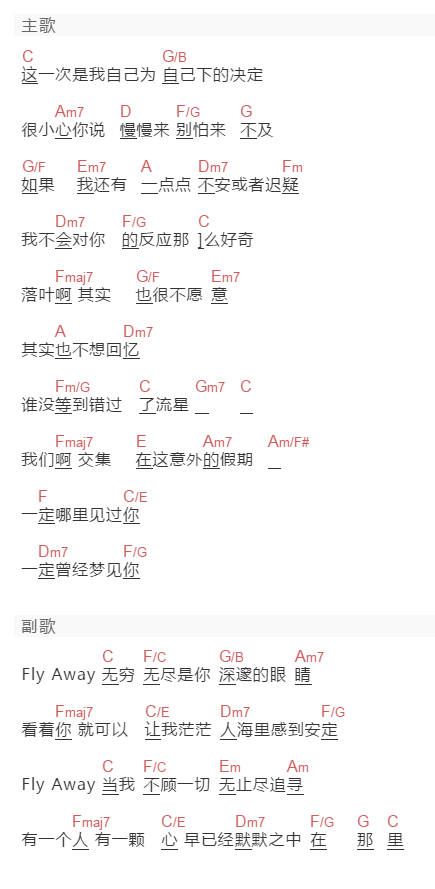 梁静茹《Fly Away》吉他谱C调和弦谱(txt)1