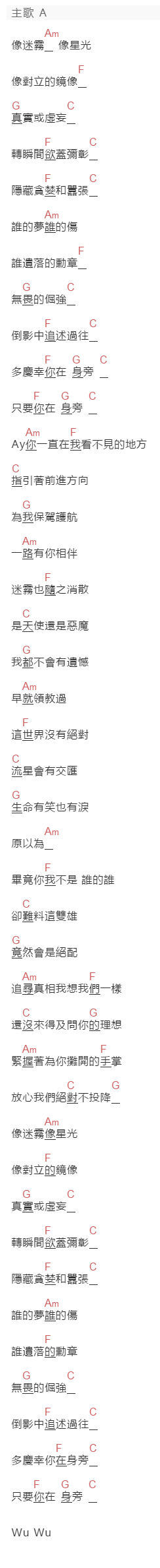 vava《镜像》吉他谱C调和弦谱(txt)1