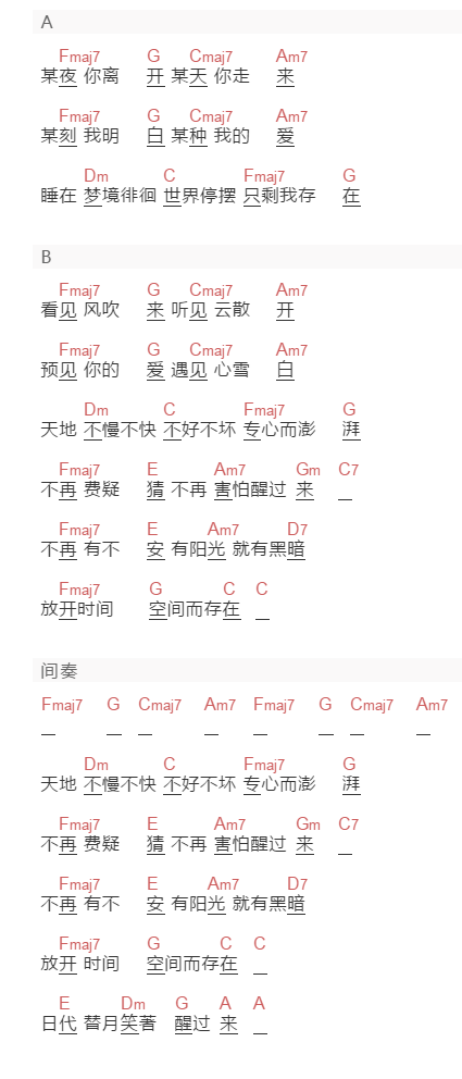 苏打绿《雪融之前》吉他谱C调和弦谱(txt)1