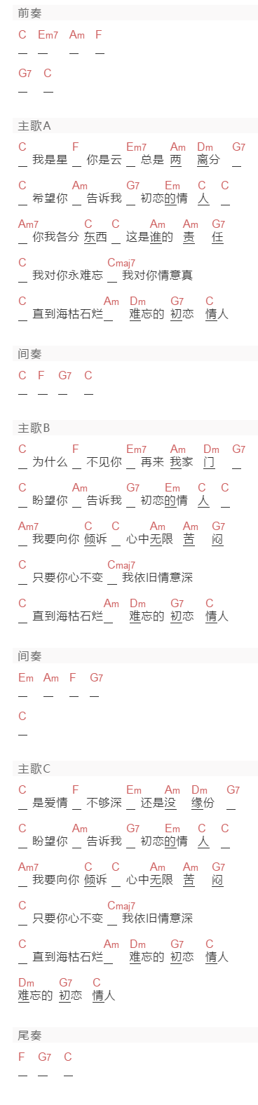 邓丽君《难忘的初恋情人》吉他谱C调和弦谱(txt)1