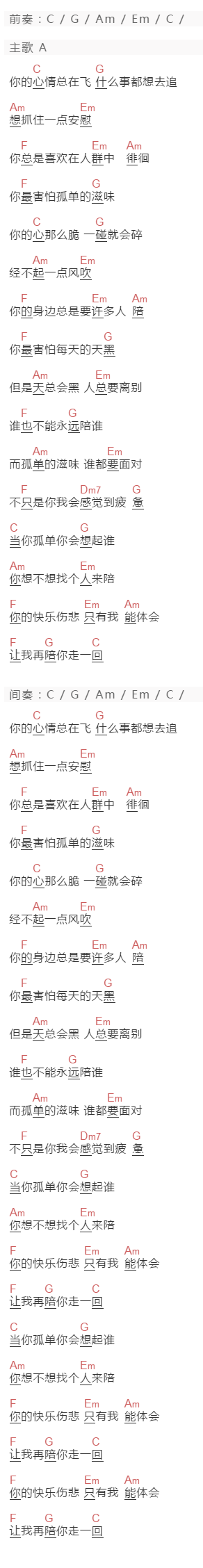 张栋梁《当你孤单会想起谁》吉他谱C调和弦谱(txt)1