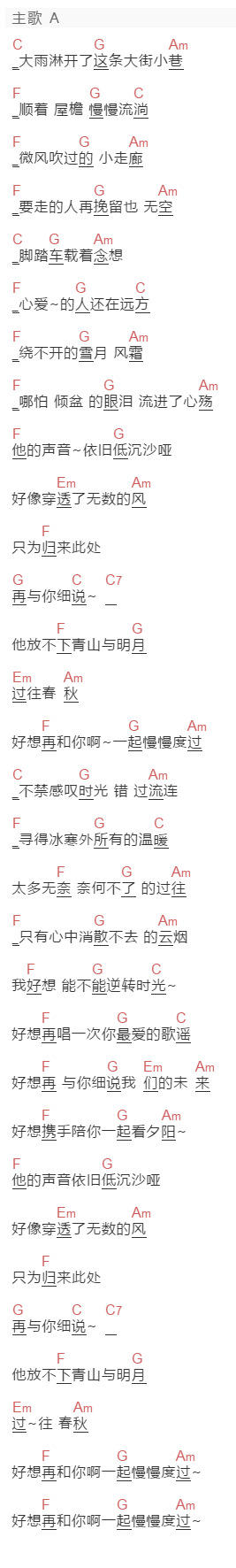 老兰很胖,老刘很瘦《好想》吉他谱C调和弦谱(txt)1