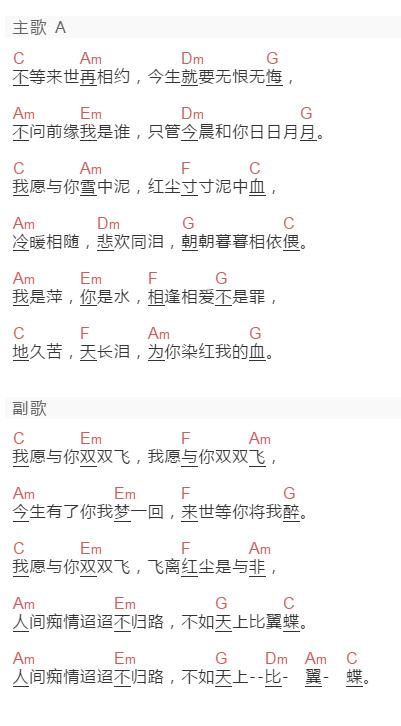 吴奇隆《双飞》吉他谱C调和弦谱(txt)1