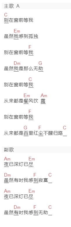 齐秦《别在窗前等我》吉他谱C调和弦谱(txt)1