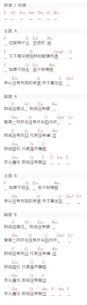 韦礼安《别说没爱过》吉他谱C调和弦谱(txt)1