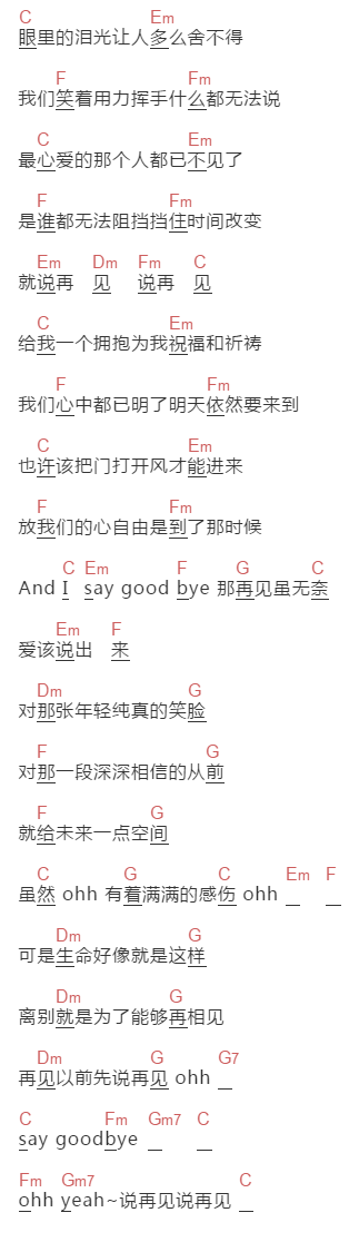 陶喆《再见以前先说再见》吉他谱C调和弦谱(txt)1