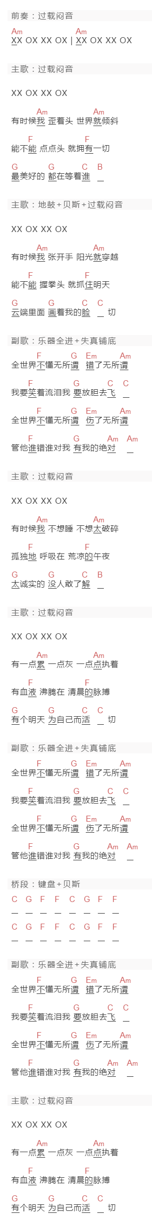 叮当《全世界不懂无所谓》吉他谱C调和弦谱(txt)1