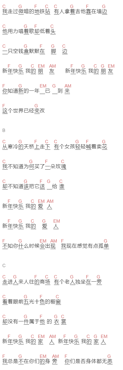 水木年华《新年快乐》吉他谱C调和弦谱(txt)1