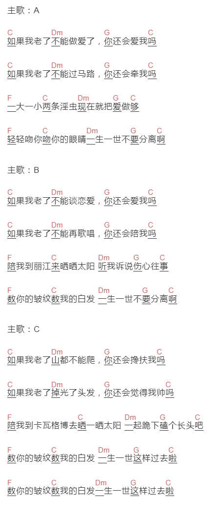 大冰《如果我老了》吉他谱C调和弦谱(txt)1