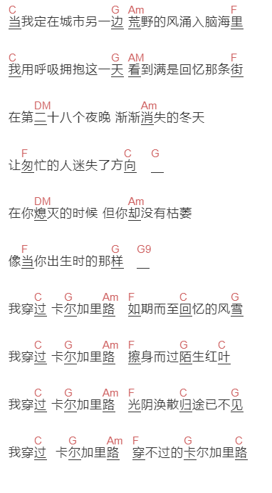 丢火车乐队《卡尔加里路》吉他谱C调和弦谱(txt)1