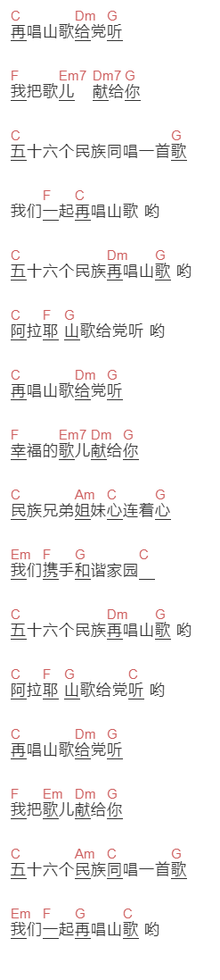 降央卓玛《再唱山歌给党听》吉他谱C调和弦谱(txt)1